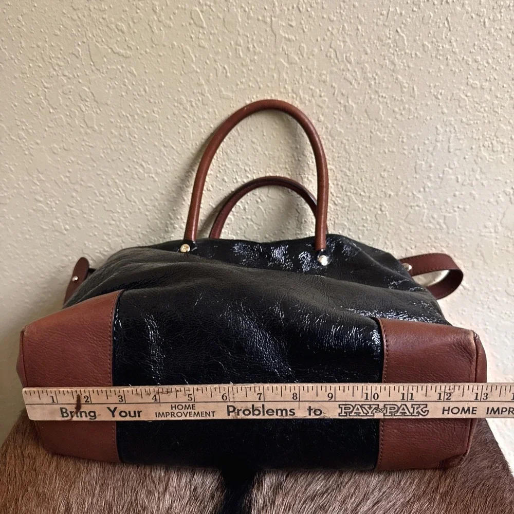 Kate Spade Black Patent Brown Leather Combo Court Tote‎ Shoulder Bag Crossbody